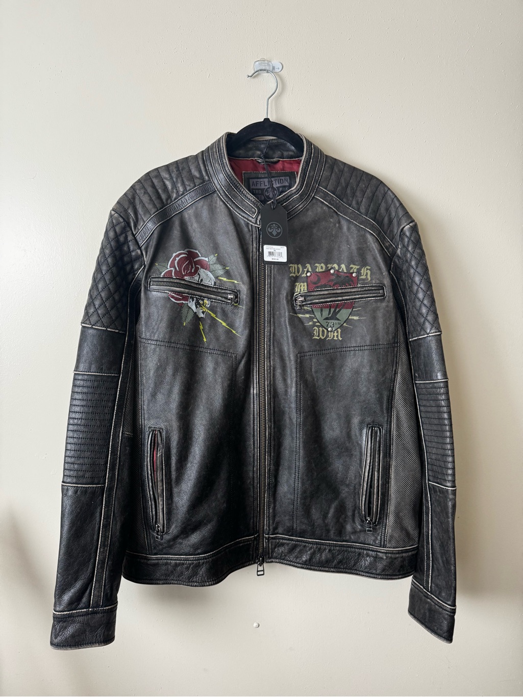 Affliction Black Leather Jacket With Red And Olive Graphics